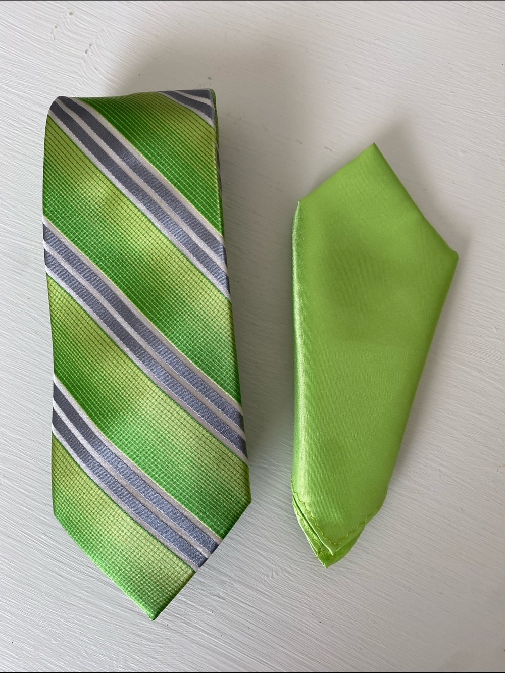 Express Bright Green & Gray Striped Tie with Pocket Square